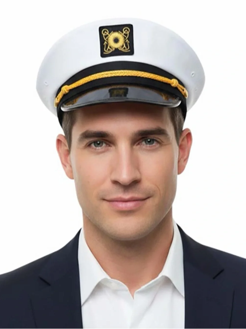 White and Black Nautical Captain's Hat with Gold Trim - Women Accessories
